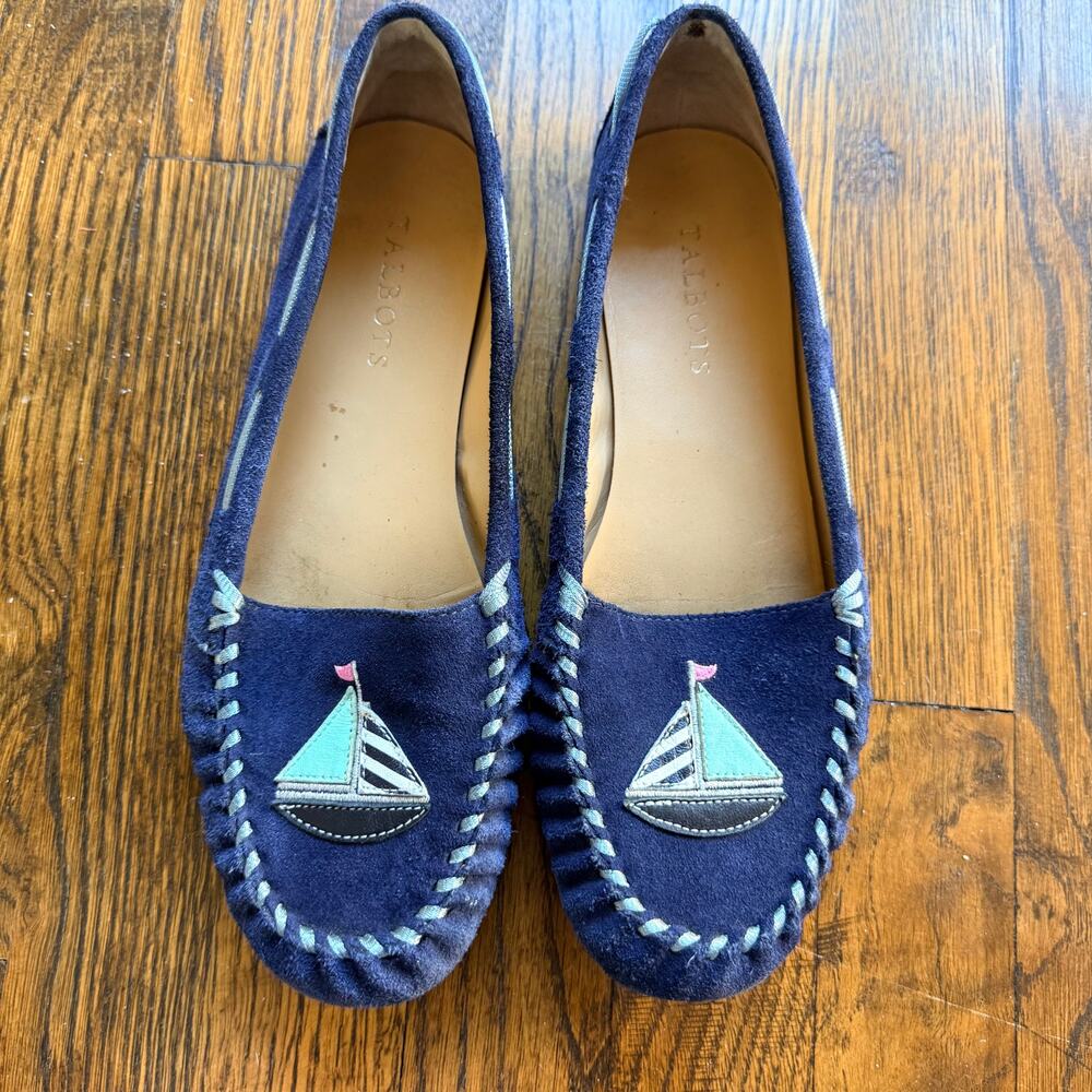 Navy Suede Boat Embroidered Moccasins